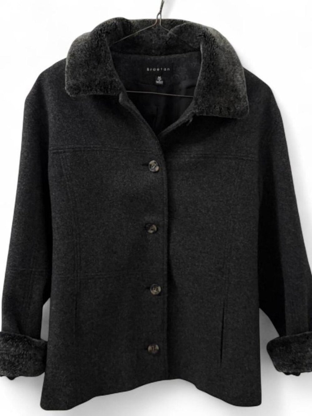 Braetan Wool Blend Women's Charcoal Gray Coat with Faux Fur Collar and Cuffs